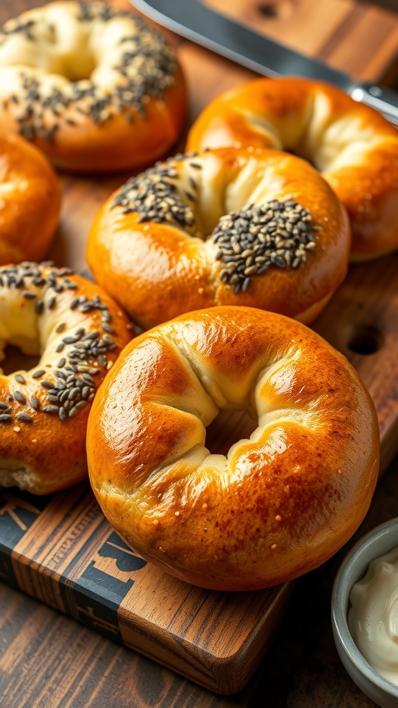 A selection of homemade bagels with sesame and poppy seed toppings on a wooden board, accompanied by cream cheese.